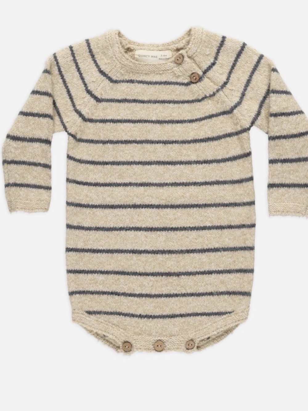 Quincy Mae Riggens Striped Beige and Navy Knit Baby Romper 6-12 months
